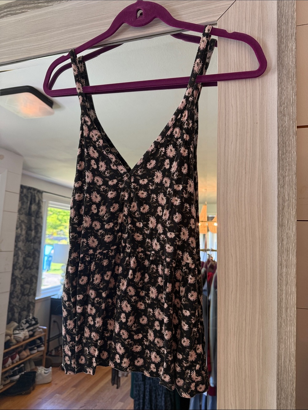 American Eagle Outfitters Black Floral Tank Top with Pink Flowers